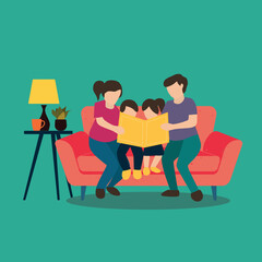 Simple Vector illustration drawing of young happy father and mother siting on the sofa to read a story book to their kids together vector illustration. Parenting education concept. Modern design