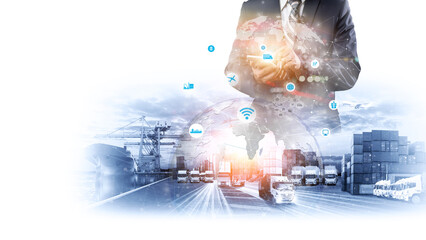 Smart logistics and transportation. Concept, Businessman use tablet and analyzing on logistic...