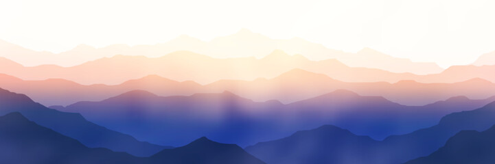 Sunrise in the mountains, mountain ranges in the morning haze, panoramic view, vector illustration