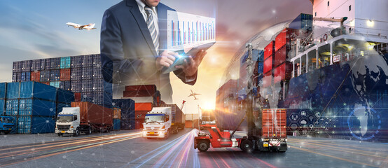 Smart technology logistics concept,  Businessman touching virtual screen world map of Global...