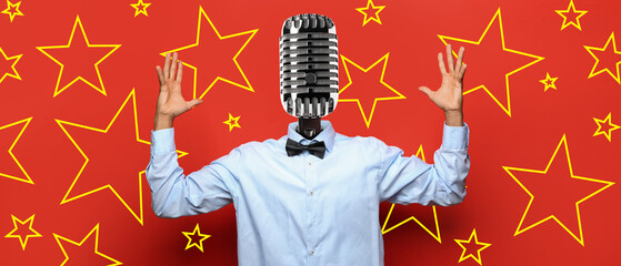 Singer with microphone instead of his head on red background