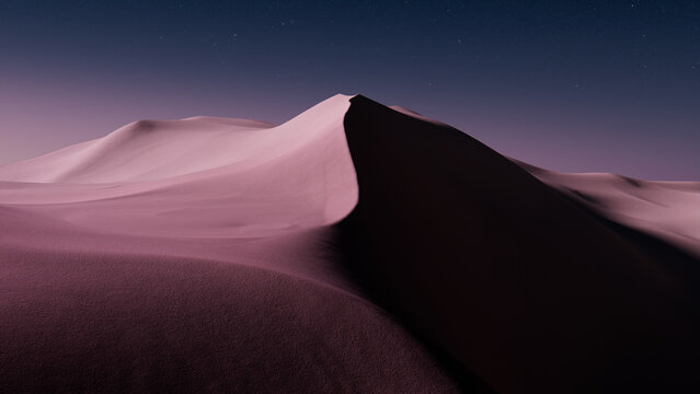 Desert Landscape with Sand Dunes and Pink Lavender Gradient Starry Sky. Surreal Contemporary Background.