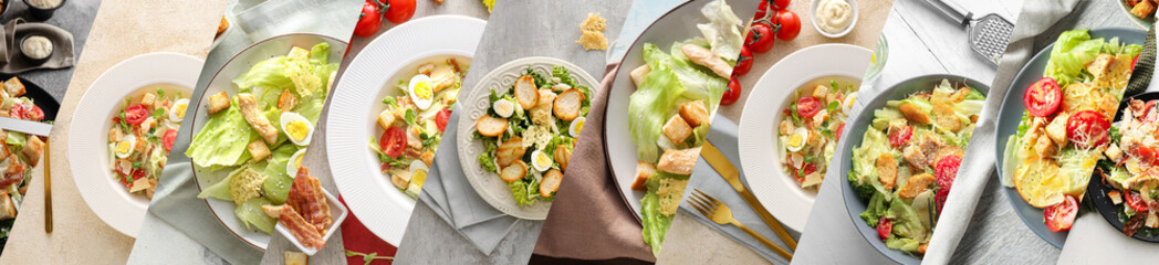 Collage of plates with tasty Caesar salad on table, top view