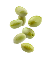 Flying green olives on white background