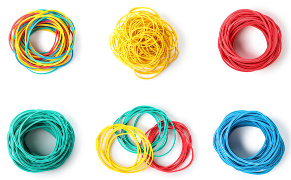 Collage of colorful elastic bands on white background, top view