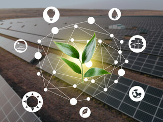 Collage with modern solar power plant in countryside. Green technology concept