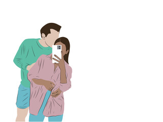 Young couple taking a selfie photo. Flat vector illustration isolated on white background.