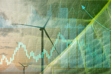 Double exposure of green leaf and windmills for electric power generation in field. Green technology concept