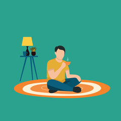 Simple Vector illustration drawing of a young happy attractive worker sitting on the floor while holding a cup of coffee and thinking some ideas. Drinking tea concept. Modern design vector