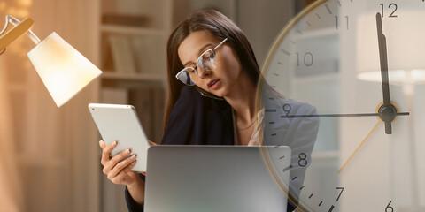 Double exposure of clock and young busy businesswoman working in office late in evening. Deadline...