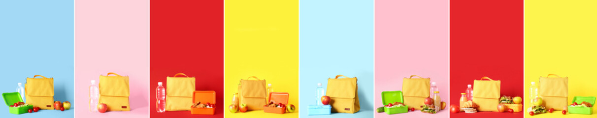 Set of bags with lunch boxes and fresh food on color background