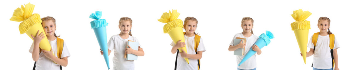 Collage of adorable little school girl with paper cone on white background