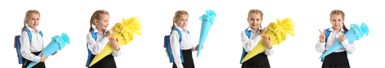 Collection of cute little school girl with paper cone on white background