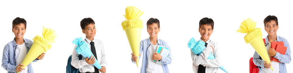 Collage of little boy with school cones on white background