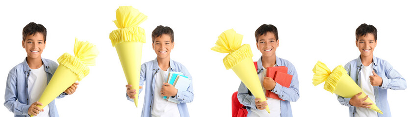 Collage of little boy with school cone and books on white background