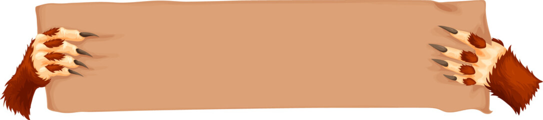 Creepy monster werewolf with blank wooden plate