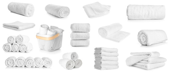 Set of clean soft towels isolated on white - obrazy, fototapety, plakaty