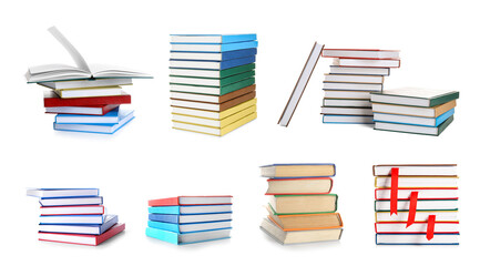 Many stacks of books isolated on white
