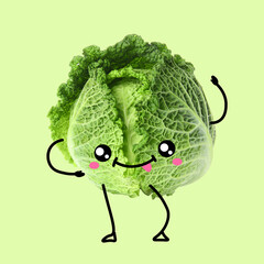 Funny savoy cabbage on green background