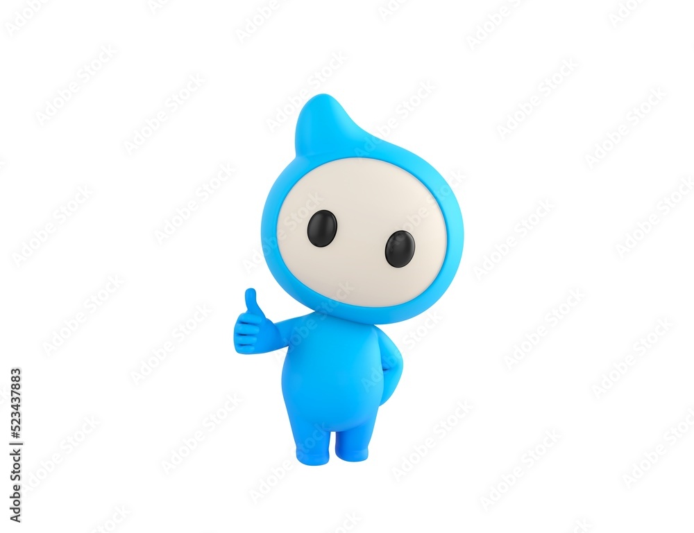 Sticker Blue Monster character showing thumb up with right hand in 3d rendering.