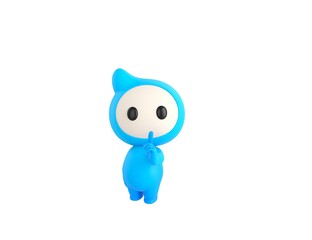 Blue Monster character holding hand near mouth silence gesture in 3d rendering.