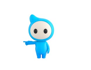 Blue Monster character pointing his finger to the left in 3d rendering.