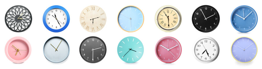 Set of different clocks on white background