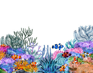 under ocean life element with watercolor painted , Coral reef with transparent background © jenjira