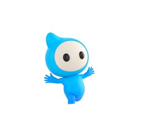 Blue Monster character running happily in 3d rendering.
