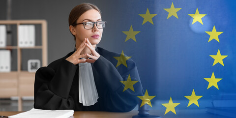 Double exposure of female judge in office and flag of European Union - obrazy, fototapety, plakaty