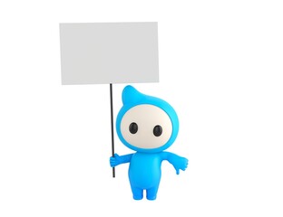 Blue Monster character holding a blank billboard and give thumb down in 3d rendering.