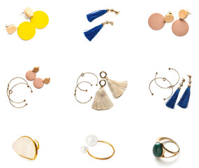Set of beautiful jewelry on white background