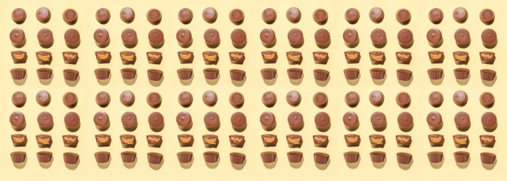 Tasty Peanut Butter Cups On Light Background, Top View