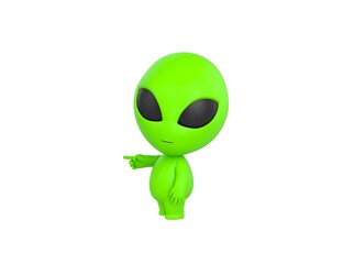 Little Alien character pointing index finger to the left in 3d rendering.