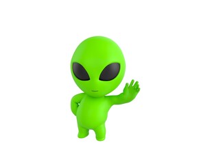 Little Alien character hold hand near ear listening rumors in 3d rendering.
