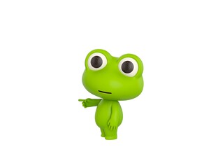 Little Frog character pointing index finger to the left in 3d rendering.
