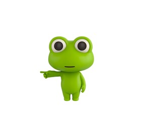 Little Frog character pointing his finger to the left in 3d rendering.