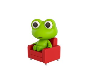 Little Frog character sitting on sofa in 3d rendering.