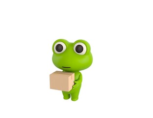 Little Frog character carrying a package in 3d rendering.