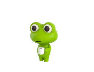 Little Frog character holding white coffee mug in 3d rendering.
