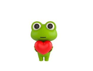 Little Frog character giving red heart in 3d rendering.
