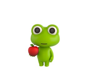 Little Frog character holding red apple in 3d rendering.