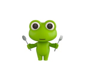 Little Frog character holding fork and spoon in 3d rendering.