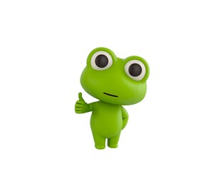 Little Frog character showing thumb up with right hand in 3d rendering.