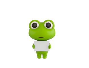 Little Frog character holding a blank billboard in 3d rendering.