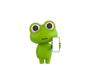 Little Frog character showing his phone in 3d rendering.
