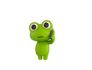 Little Frog character holding smartphone near ear in 3d rendering.