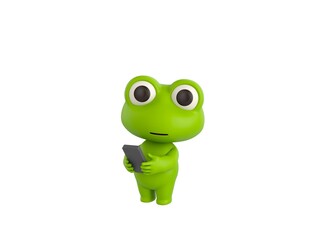 Little Frog character using smartphone and looking to camera in 3d rendering.