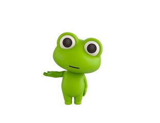 Little Frog character looking to camera and pointing hand to the side in 3d rendering.