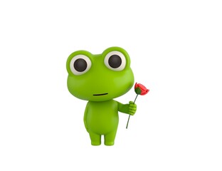 Little Frog character holding flower in 3d rendering.
